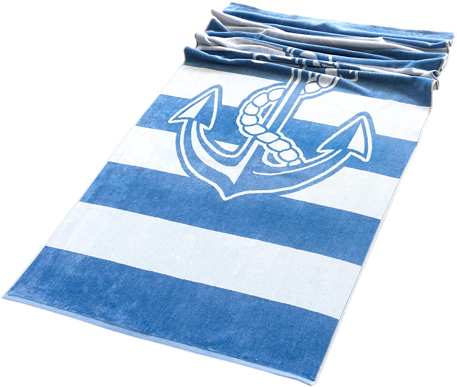 Strandtuch :: Velours cm Liegetuch Blau mit Weiß gestreift 90x180 Athen, Badehandtuch Anker, Handtücher