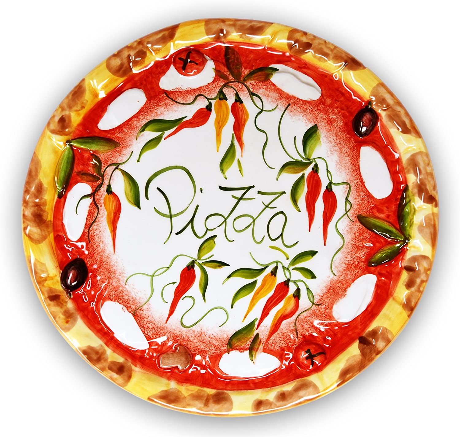 ital. Relief Keramik Pizzateller Paprika, großer Teller rund rustikal ca.33cm Ø