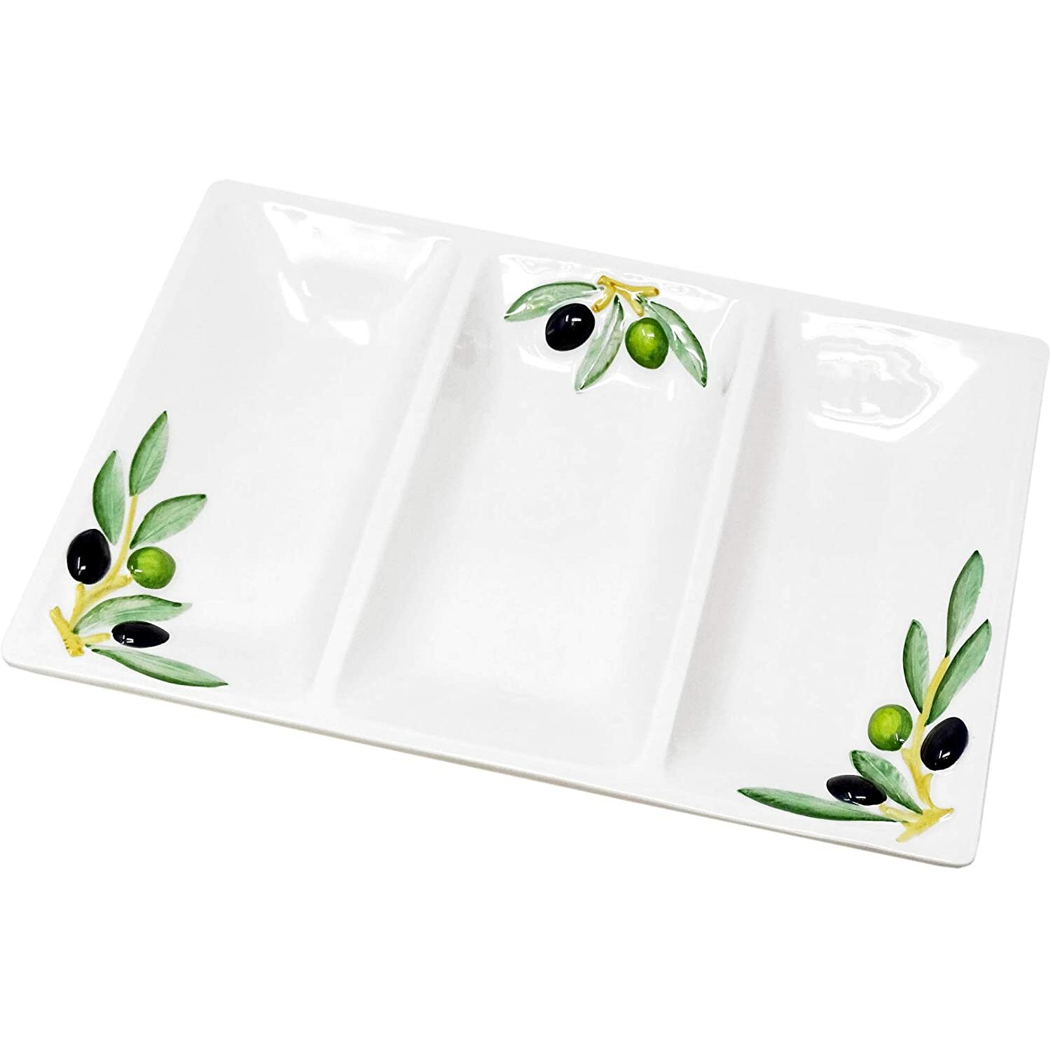 Lashuma Antipasti Platte rechteckig 26x16 cm Keramik Dekoteller handgemacht Olive Olive Motiv 