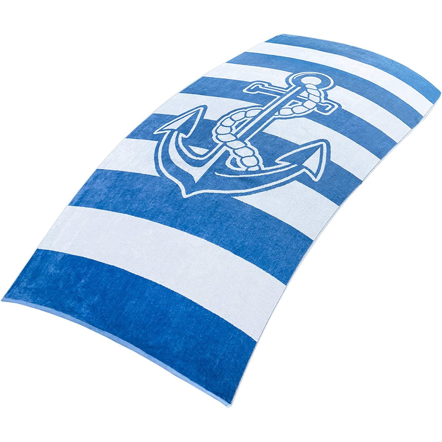 cm Liegetuch Velours Strandtuch Anker, Weiß mit gestreift Athen, Blau :: Badehandtuch Handtücher 90x180