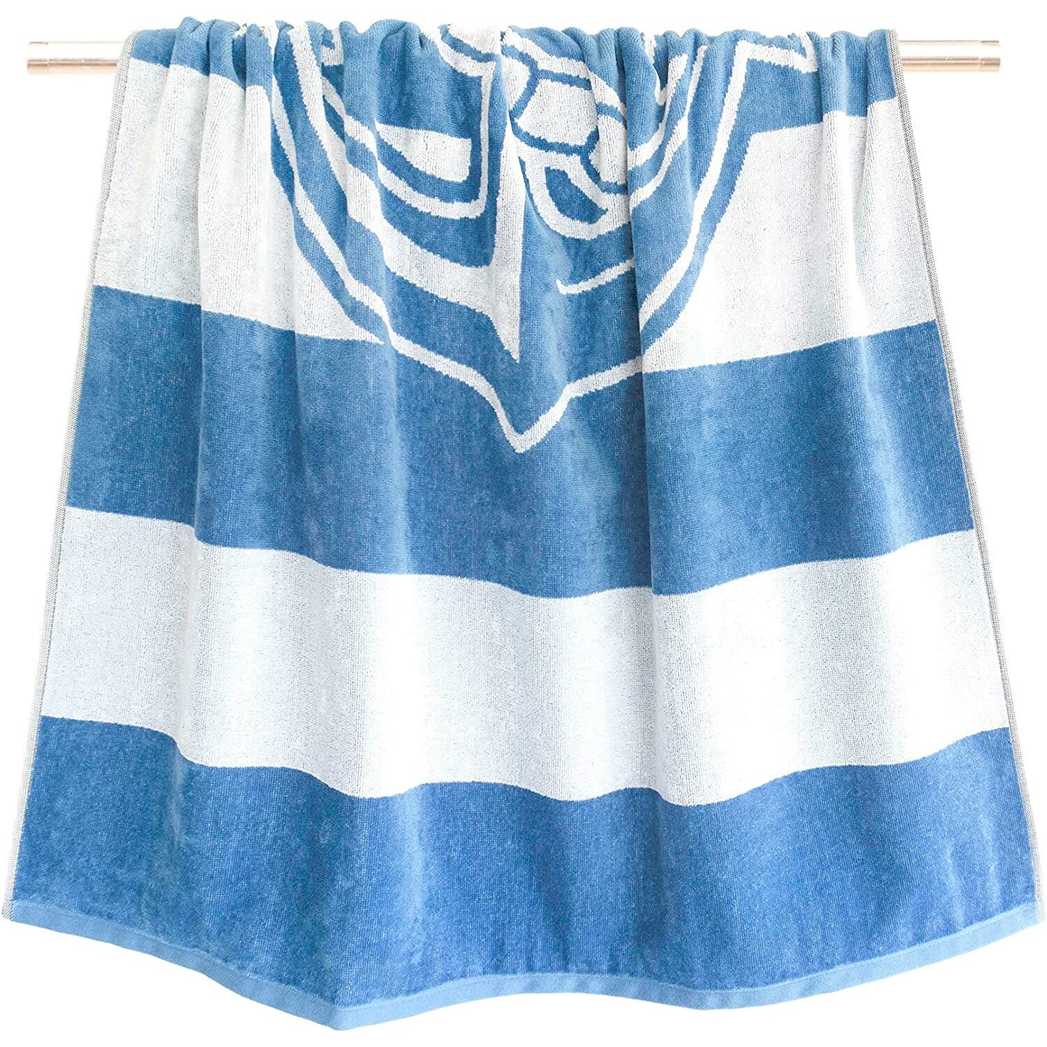 Handtücher :: Velours Strandtuch Athen, Badehandtuch Blau Weiß gestreift  mit Anker, Liegetuch 90x180 cm